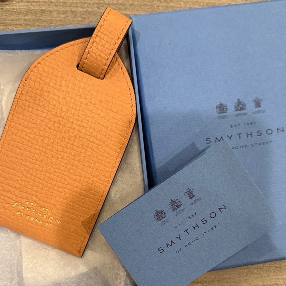 Smythson Tan-Orange Pebble Leather Luggage Tag with Gold Foil